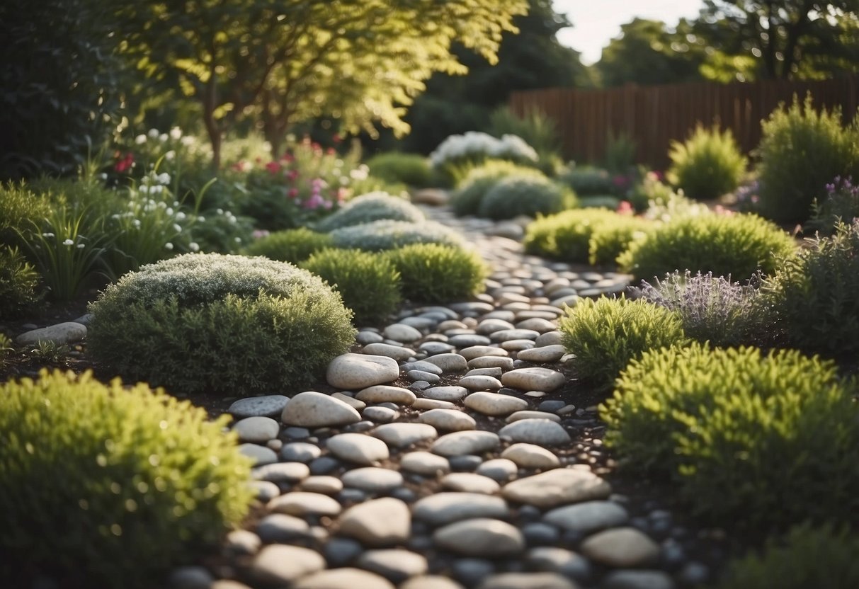 A stone pathway winding through a garden, with DIY stone projects like a decorative rock garden, stepping stones, and a stone fire pit