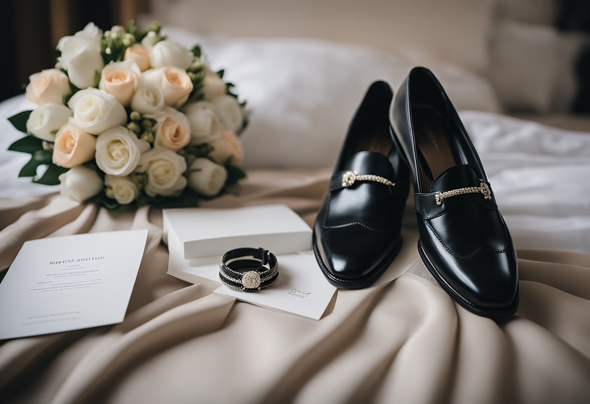 A couple's shoes and formal attire laid out neatly on a bed, with a bouquet of flowers and a wedding invitation nearby