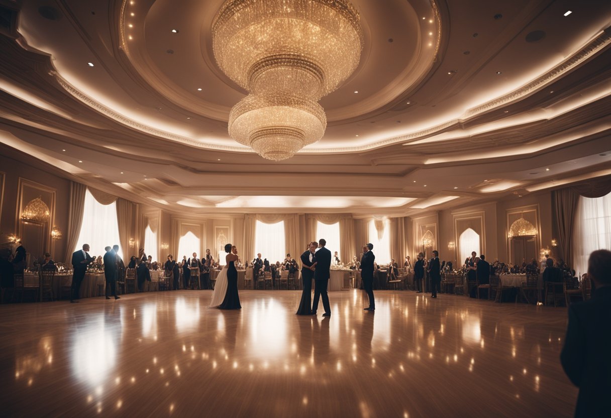 A spacious ballroom with elegant decor, soft lighting, and a gleaming dance floor. A live band plays romantic music while guests mingle and admire the beautiful setting