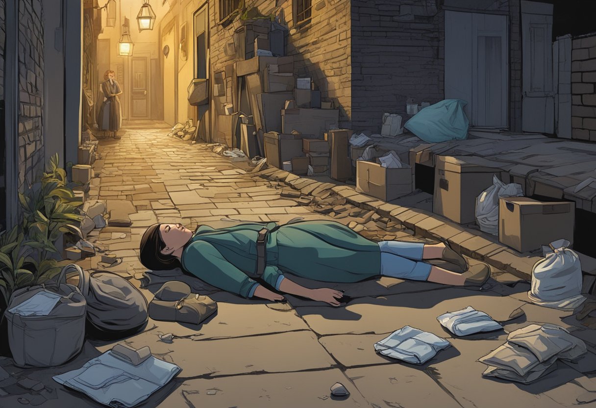 Danny's wife lies unconscious in a dimly lit alley, surrounded by scattered belongings and a mysterious figure lurking in the shadows