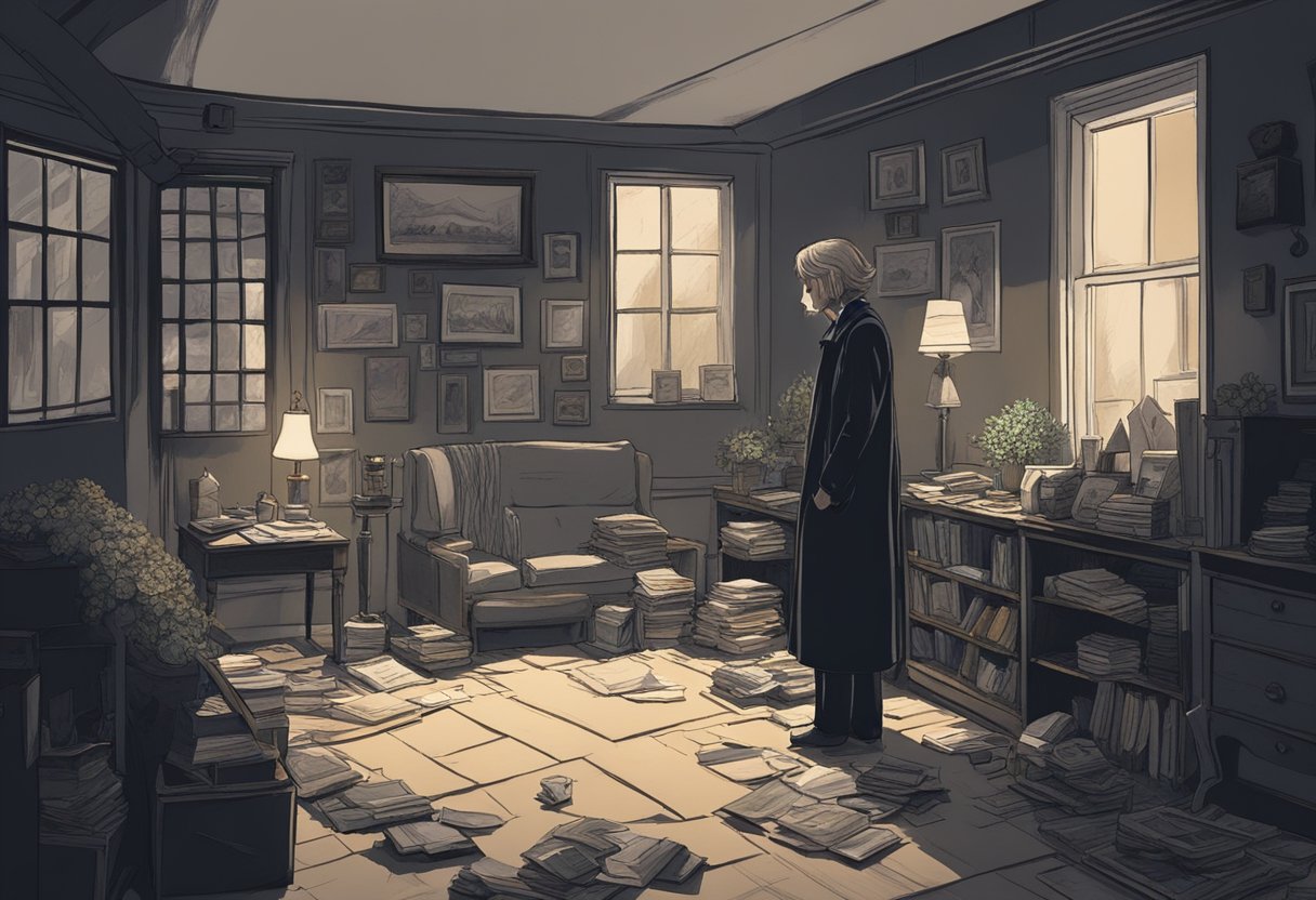 A somber figure stands alone in a dimly lit room, surrounded by mementos of a lost loved one. The atmosphere is heavy with grief and memories