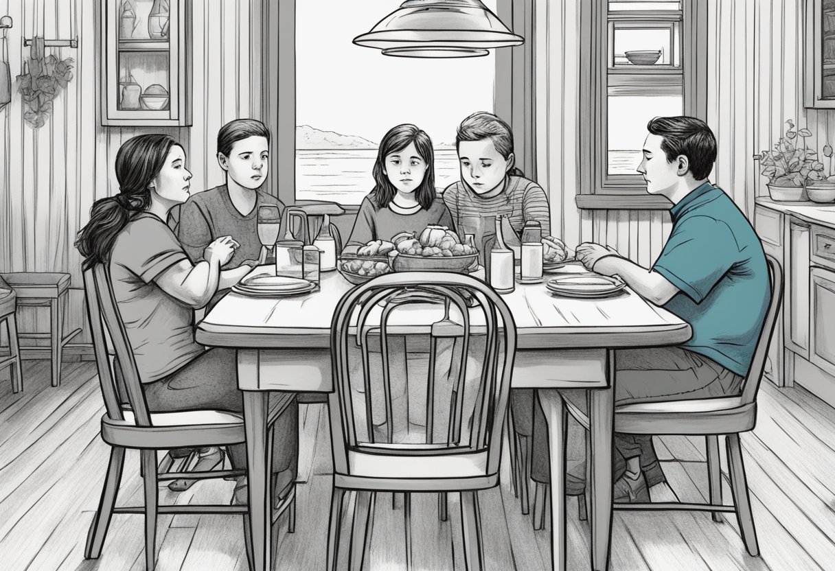 Danny's wife's empty chair at the family dinner table. The kids look somber, and Danny stares off into the distance, a mix of sadness and determination in his eyes