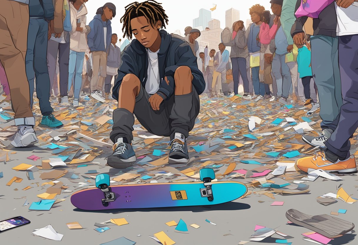 Jaden Smith's skateboard lies broken on the pavement, surrounded by scattered papers and a shattered phone. A crowd gathers, pointing and murmuring