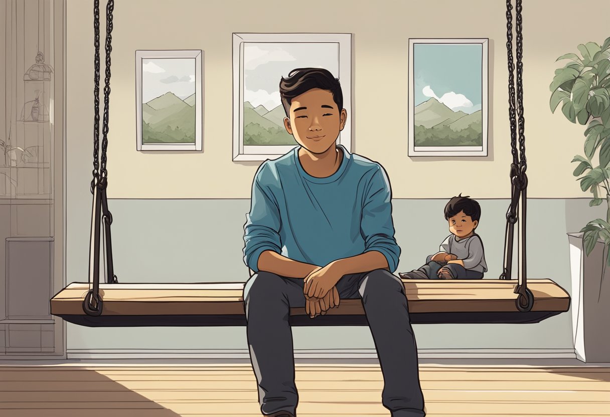 A young boy sits alone on a swing, looking contemplative. A family portrait hangs on the wall behind him, showing a smiling mother, father, and sibling