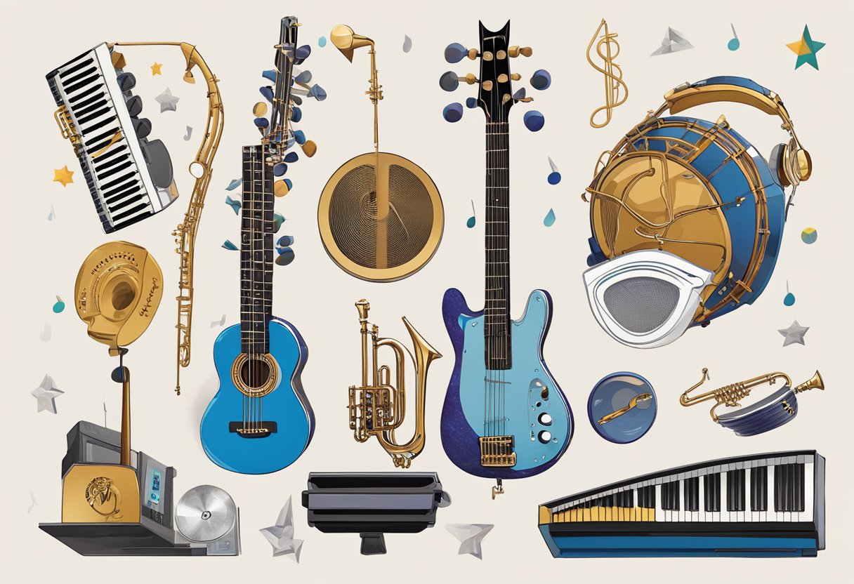 Jaden Smith's musical journey depicted through a series of instruments, music notes, and awards