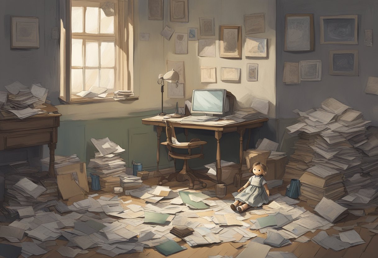 A dimly lit room with a small, tattered doll lying on the floor, surrounded by scattered papers and a faded photograph