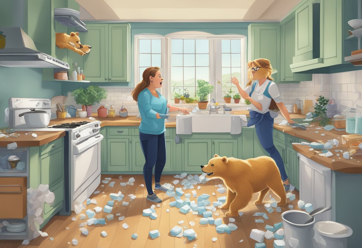 Sugar bear and Jennifer Lamb argue in a chaotic kitchen, with spilled sugar and broken dishes