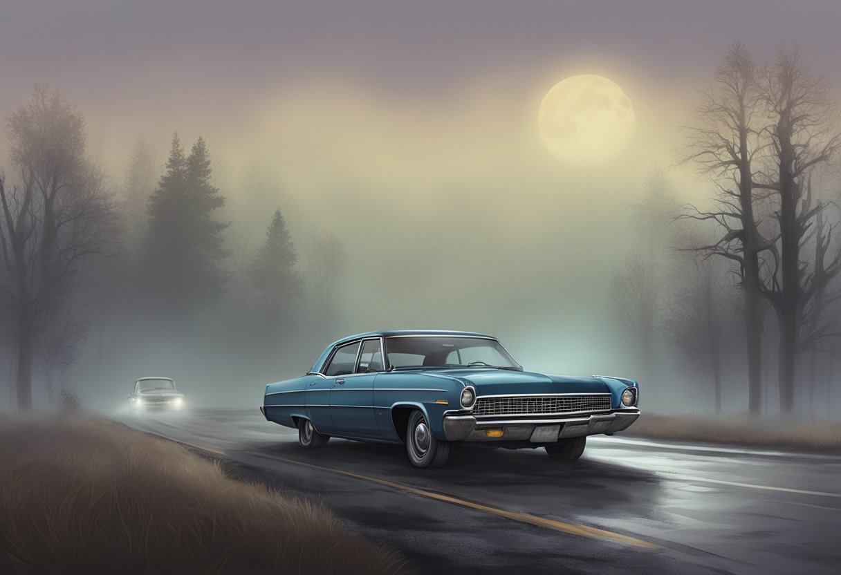 Caleb's abandoned car sits on the side of a desolate road in Ravenswood, surrounded by eerie fog and looming trees