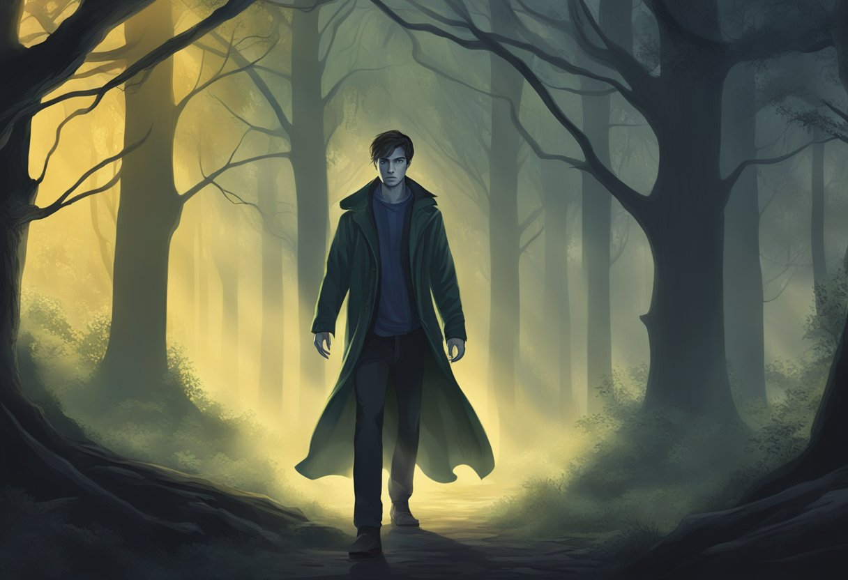 Caleb's encounter with the supernatural in Ravenswood: A misty forest, eerie shadows, and a glowing figure emerging from the darkness