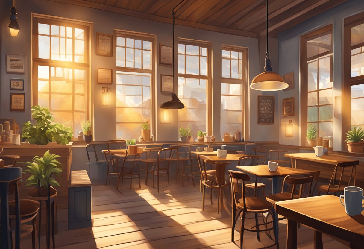 A cozy coffee shop with rustic decor, steaming mugs, and a welcoming atmosphere. Patrons chat over freshly brewed drinks as sunlight streams through the windows