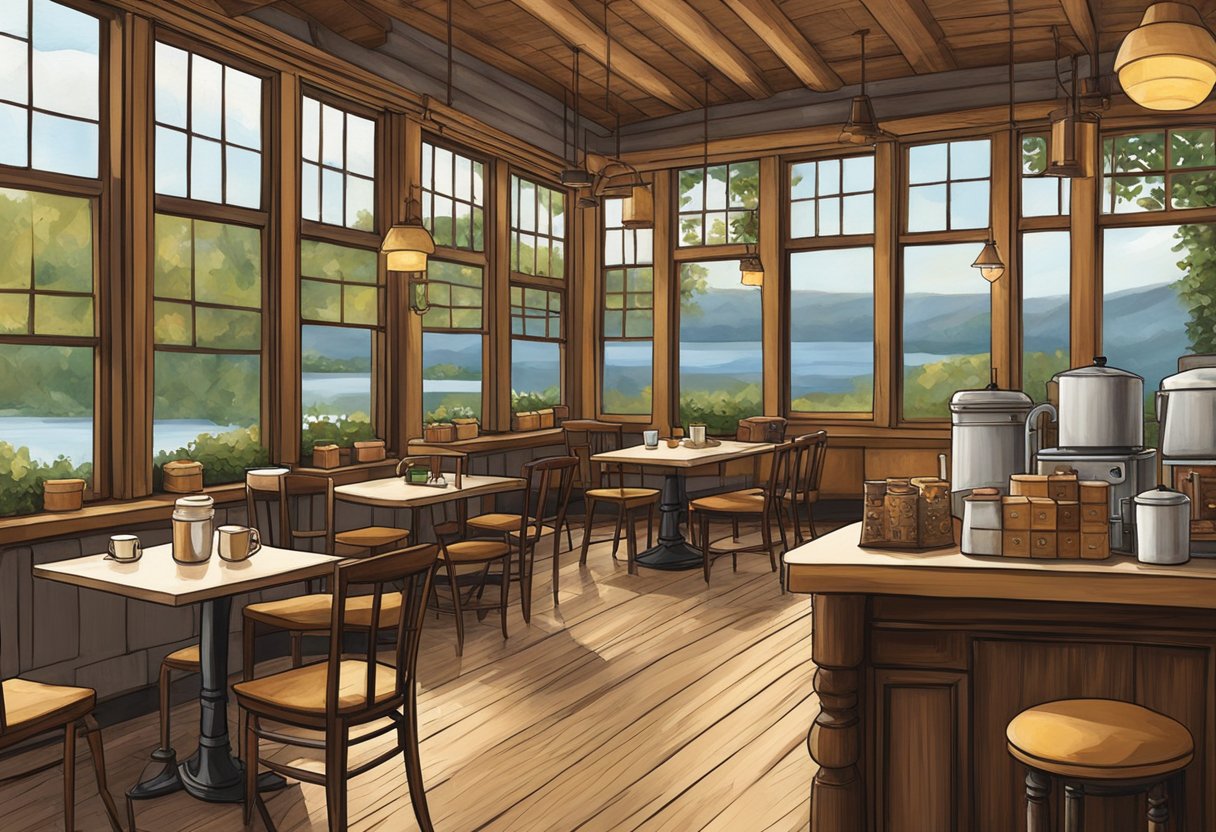 The cozy coffee shops in Upstate New York feature rustic decor, vintage furniture, and large windows overlooking scenic landscapes. The aroma of freshly brewed coffee fills the air as customers enjoy their drinks in a warm and inviting atmosphere