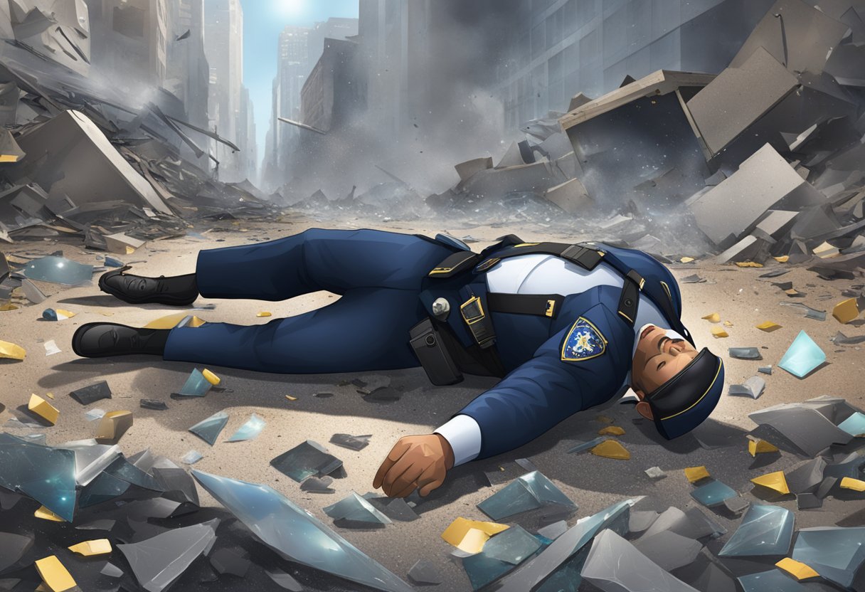 Officer Bishop lies unconscious on the ground, surrounded by shattered glass and debris from a recent explosion