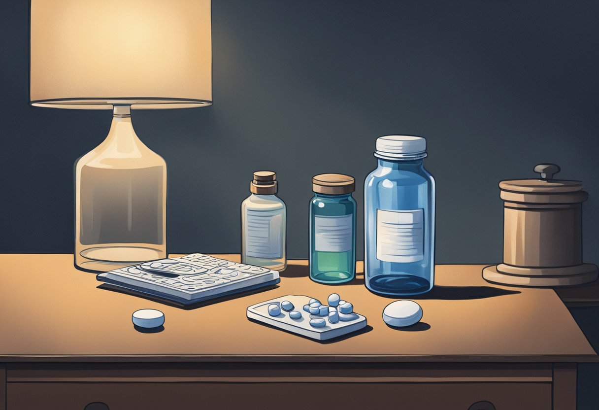 A bottle of DIFENIDRAMINA sits on a nightstand, next to a glass of water and a small pill organizer. The room is dimly lit, casting shadows across the tabletop