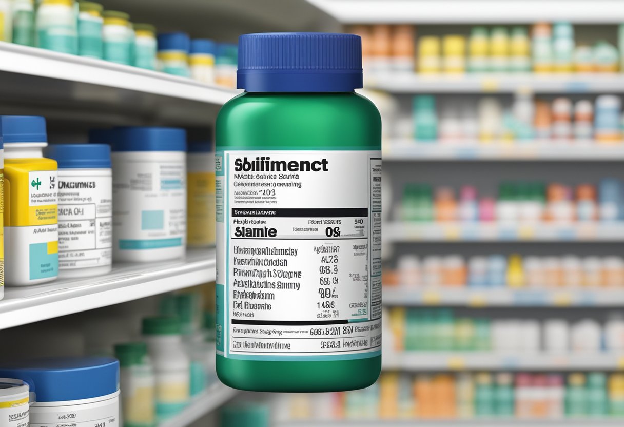 A bottle of Difenhydramine sits on a pharmacy shelf, with the label clearly visible