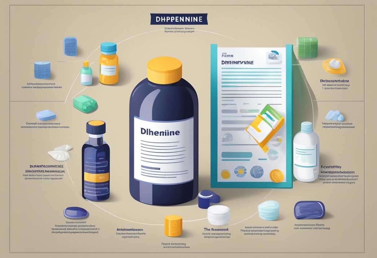 A bottle of DIPHENHYDRAMINE with a label listing therapeutic uses, surrounded by various medical supplies and a calm, serene setting