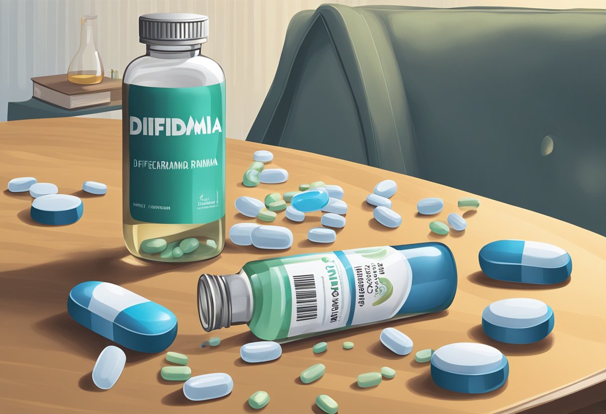 A bottle of DIFENIDRAMINA spilled on a table, pills scattered, with a person slumped in a chair in the background