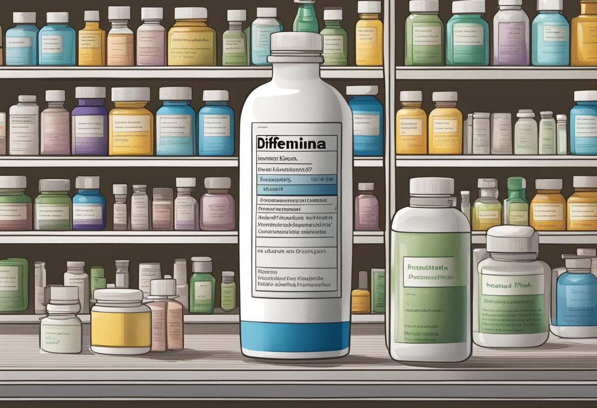 A bottle of DIFENIDRAMINA stands on a pharmacy shelf, surrounded by other medications. The label prominently displays the name and a list of frequently asked questions