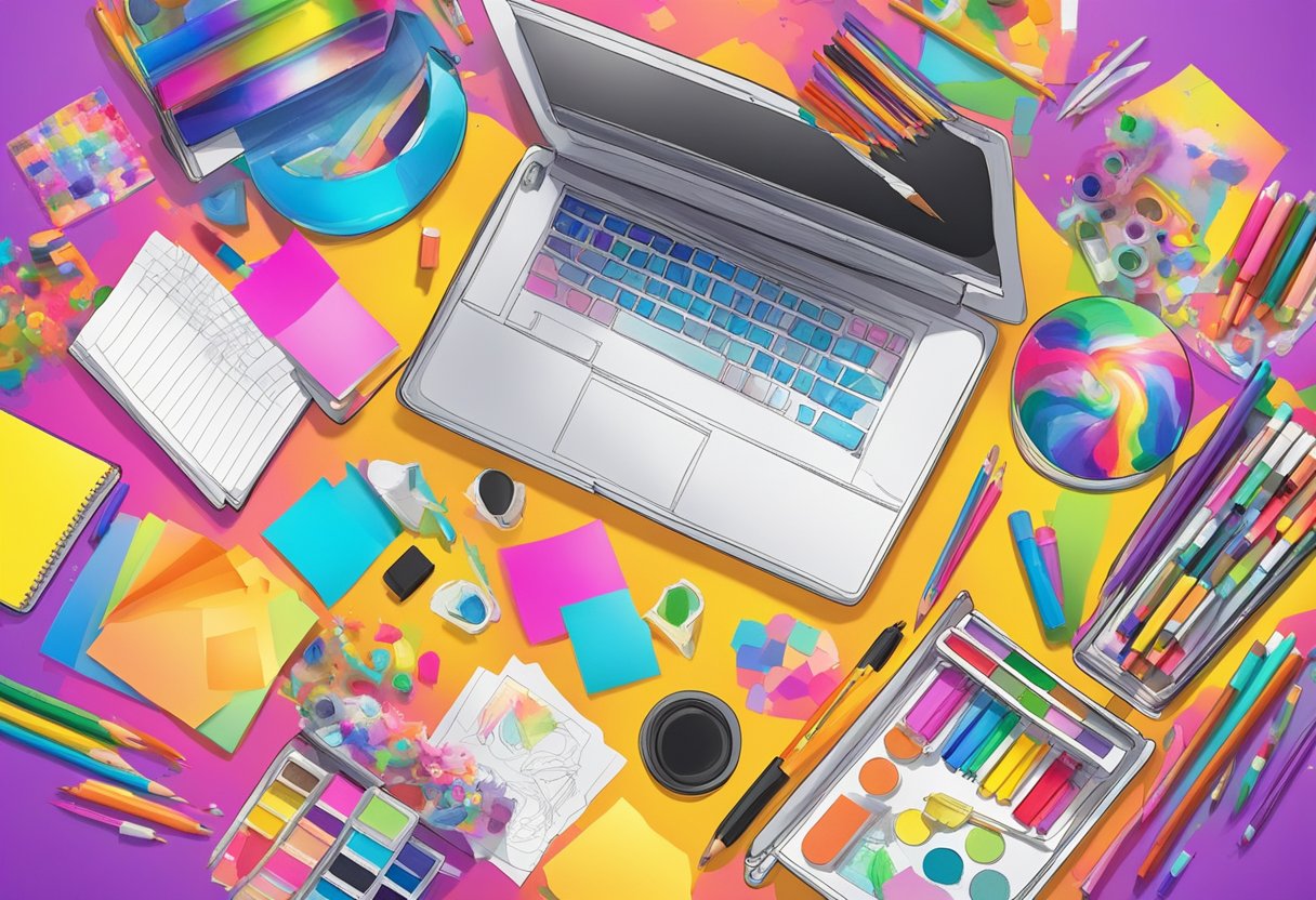 A colorful explosion of art supplies surrounds an empty desk, with scattered sketches and half-finished drawings of Lisa Frank's iconic designs