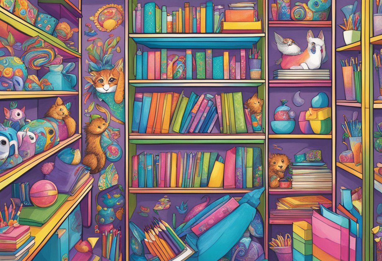 A colorful array of whimsical animal and fantasy-themed stationery products fill the shelves of a bustling office, showcasing the beginnings of a stationery empire inspired by Lisa Frank's iconic designs