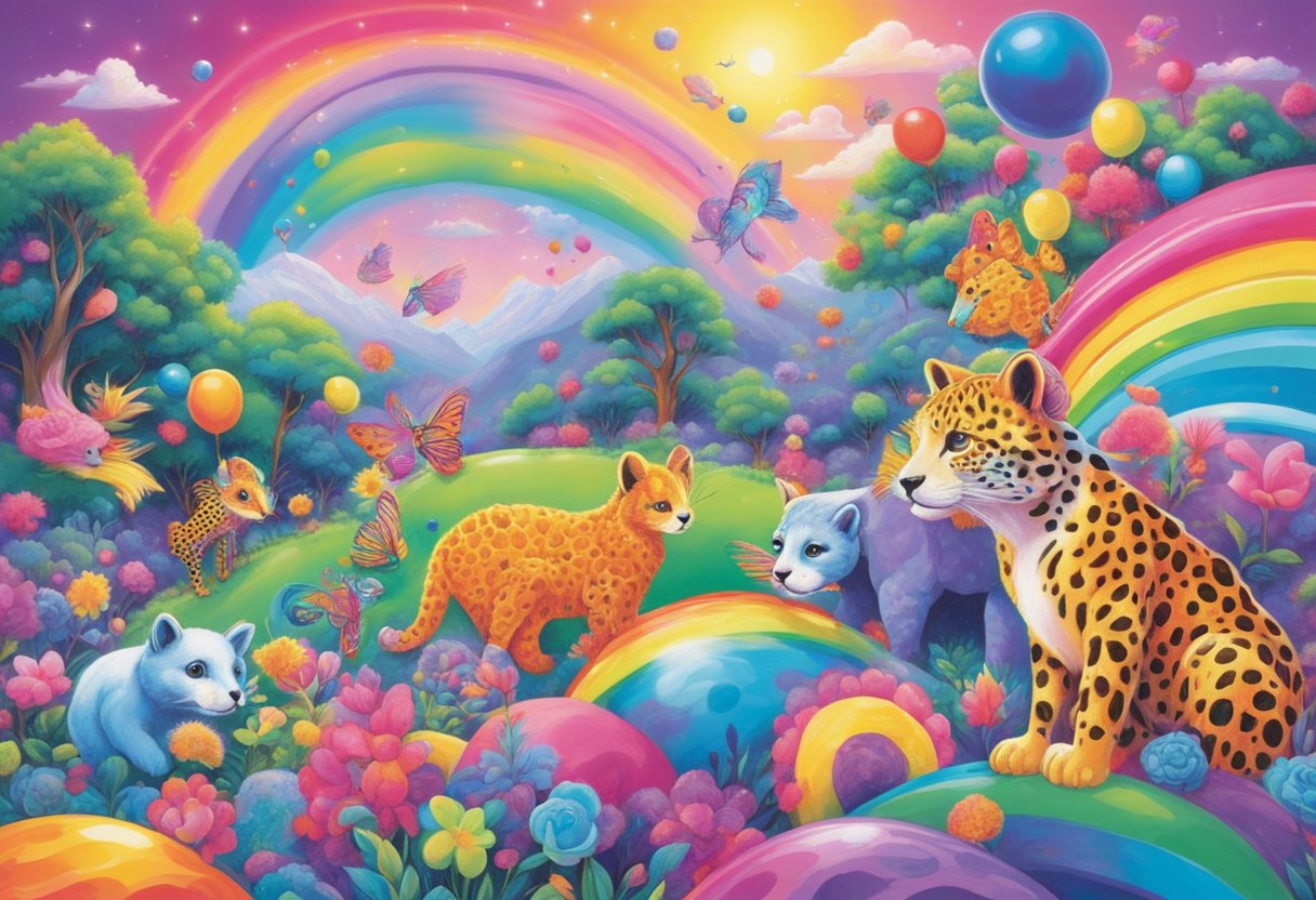 Vibrant colors and whimsical animals fill the room, surrounded by rainbows and sparkles. Lisa Frank's iconic designs adorn every surface, creating a world of fantasy and imagination