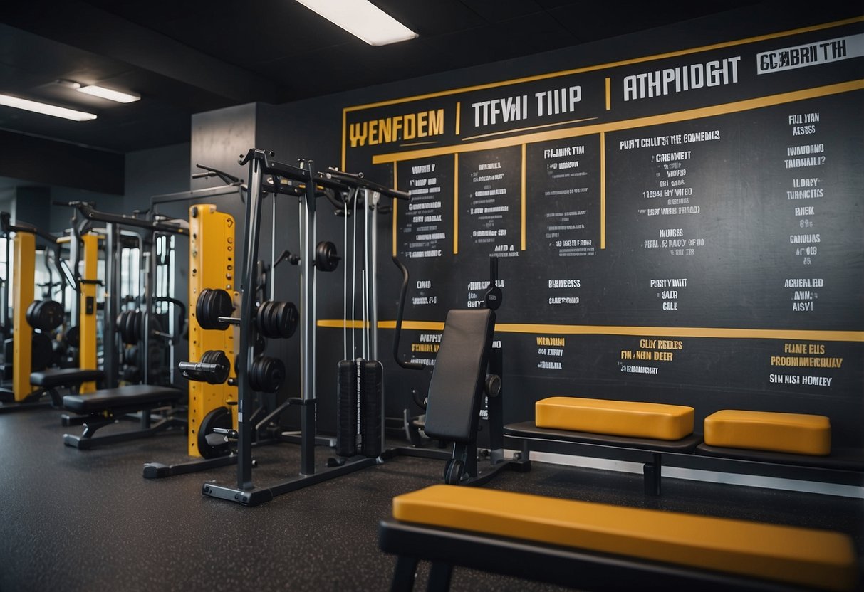 A gym with various strength training equipment arranged neatly. A schedule board with workout tips for individuals with ADHD displayed prominently