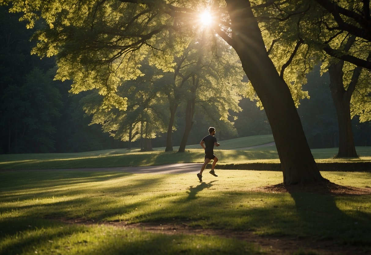 A figure runs through a lush park, surrounded by trees and a winding path. The sun is shining, casting dappled shadows on the ground