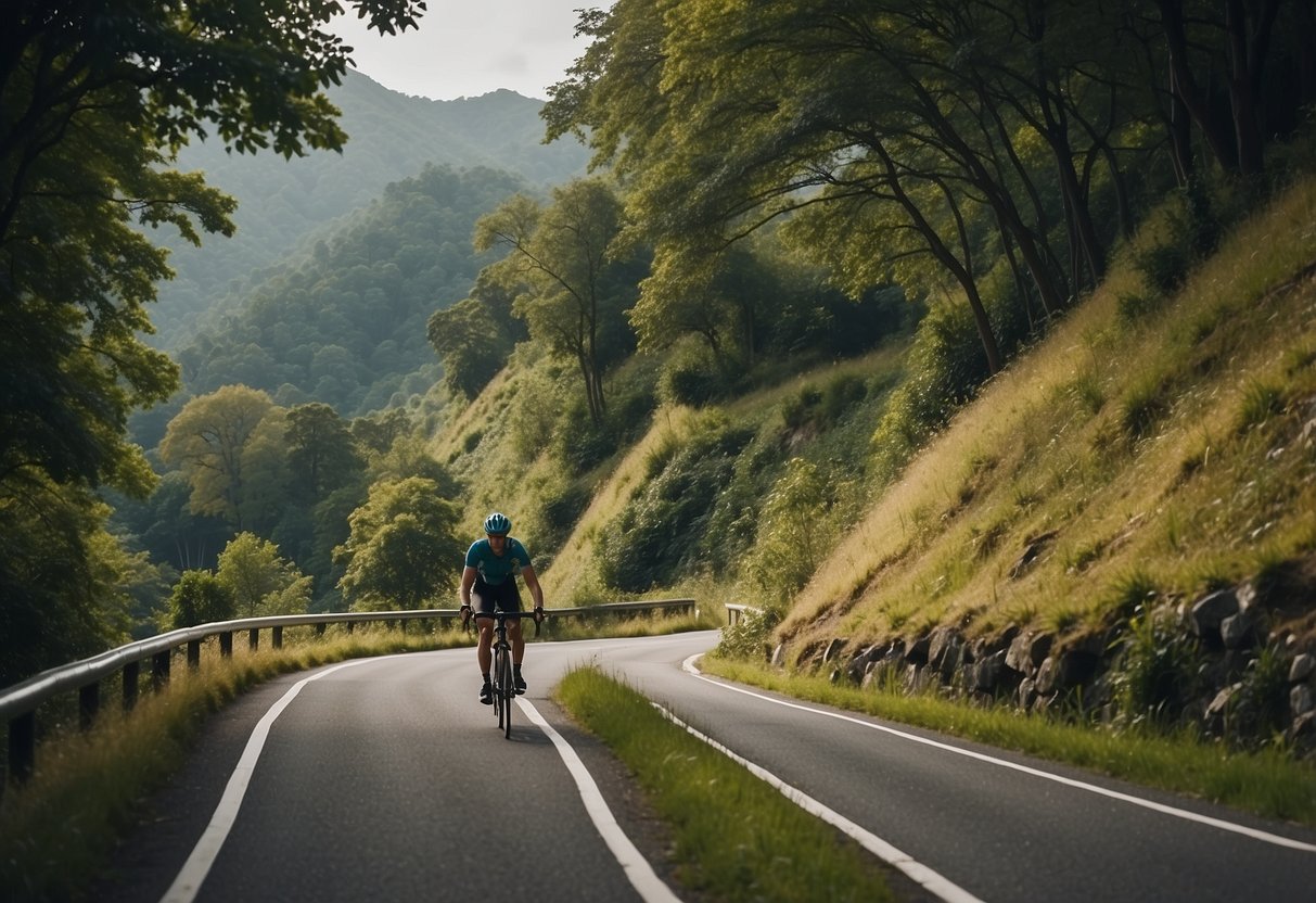 A winding cycling route with hills and valleys, surrounded by lush greenery and scenic views. The path is marked with clear signage and safety measures