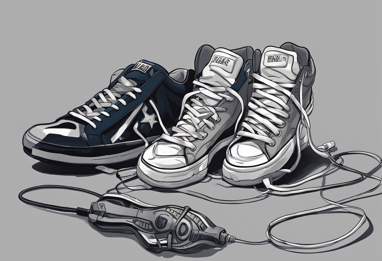 A broken mic and a pair of crossed sneakers lay abandoned on the stage, symbolizing the personal struggles and untimely death of Kris Kross