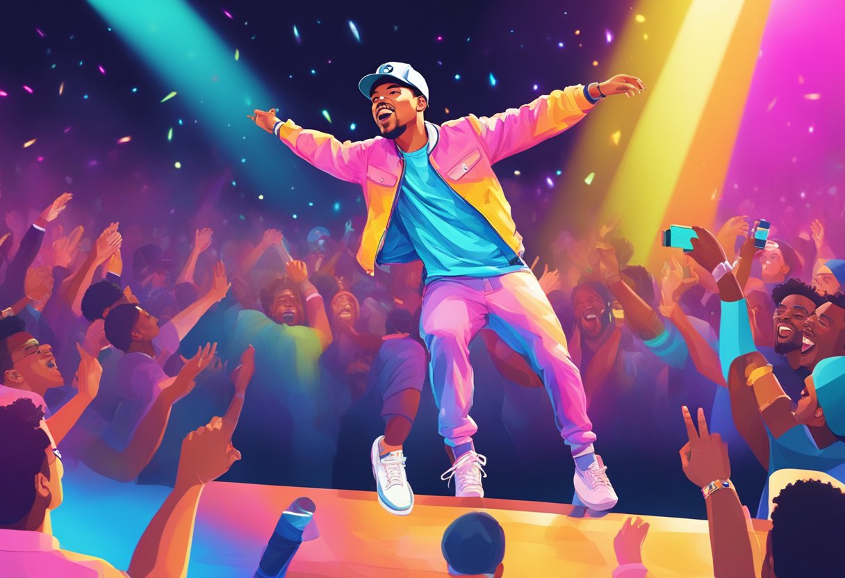 Chance the Rapper's public persona: a colorful, energetic stage performance with vibrant lights and a cheering crowd