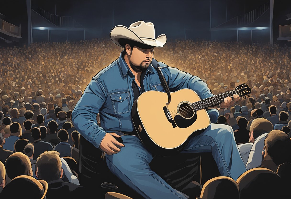 Garth Brooks' hat and guitar lay abandoned on a dimly lit stage, while a hushed crowd watches in confusion