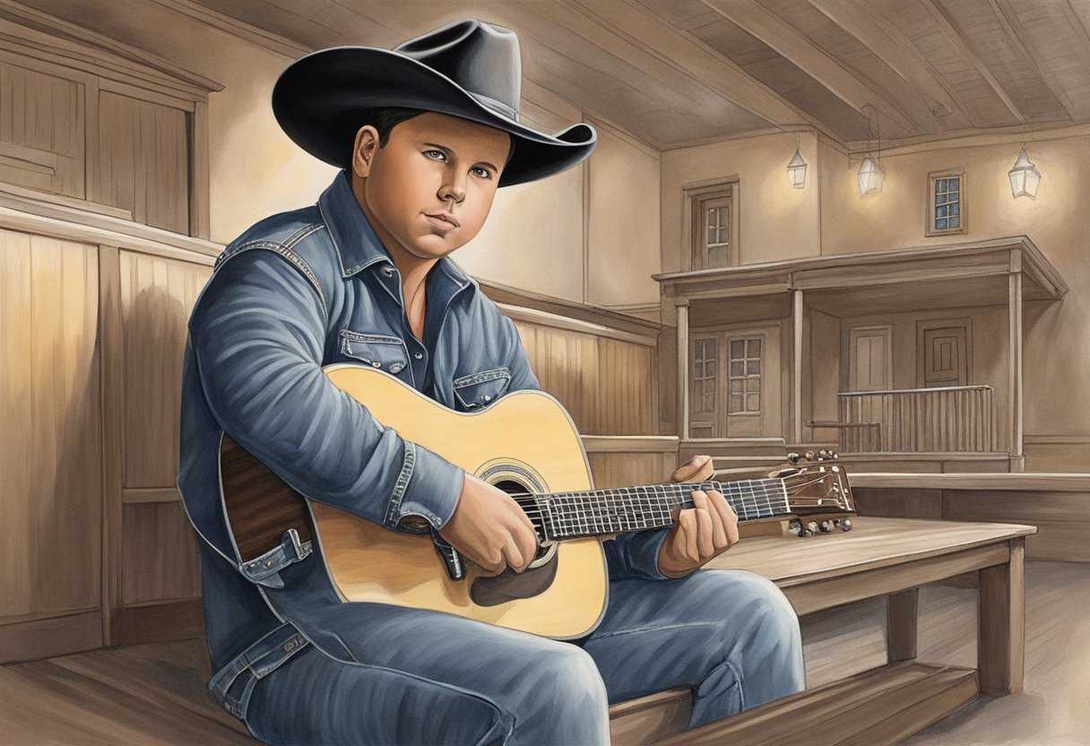 Garth Brooks' early years: a small town with a humble house, a young boy strumming a guitar, dreaming big. His rise to stardom: sold-out concert venues, adoring fans, and a shining spotlight