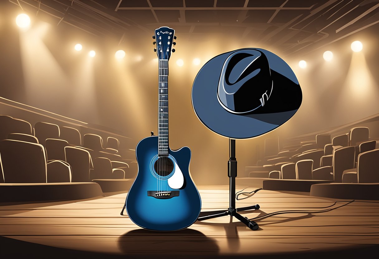 Garth Brooks' hat and guitar lay abandoned on a stage, while a spotlight shines on an empty microphone stand