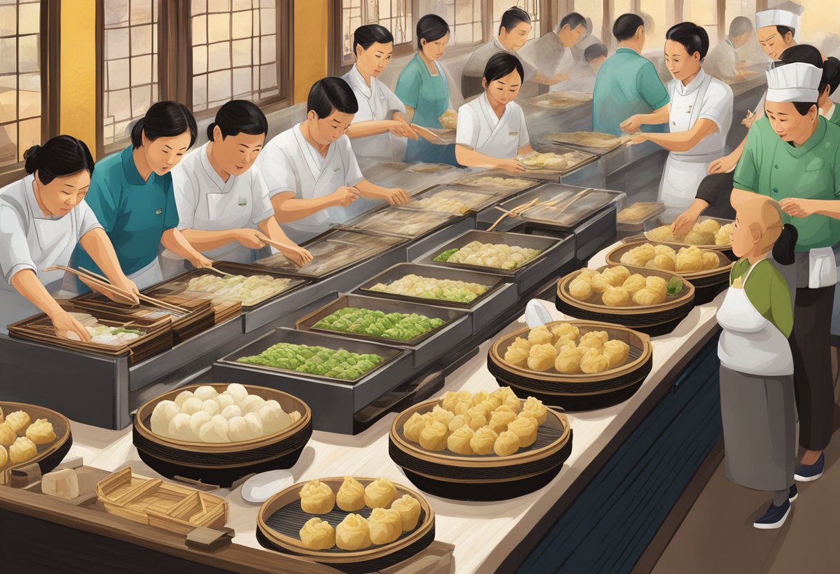 A bustling dim sum restaurant in Queens, New York, with steaming bamboo baskets filled with various dumplings and savory dishes being served by attentive waitstaff