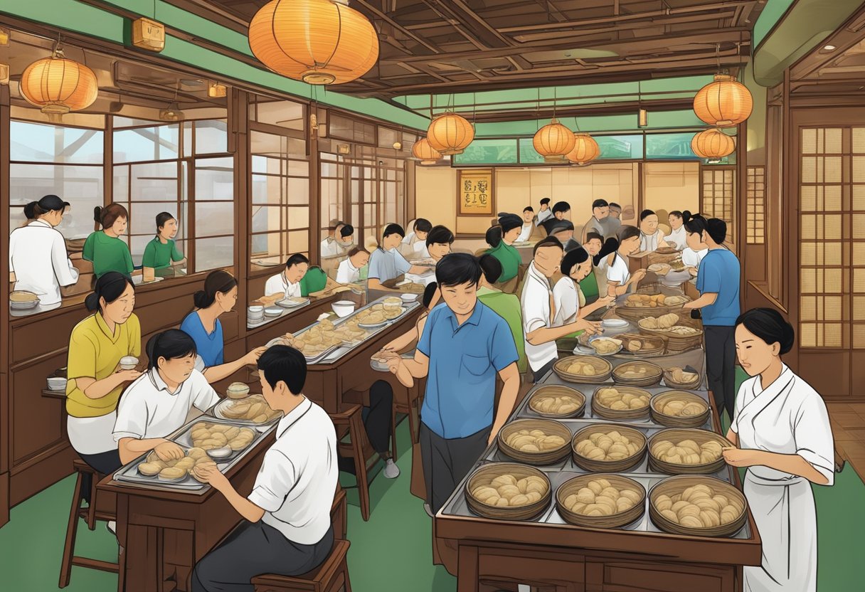 A bustling dim sum restaurant in Queens, New York, filled with steaming bamboo baskets, bustling waitstaff, and happy diners enjoying a variety of savory and sweet dumplings