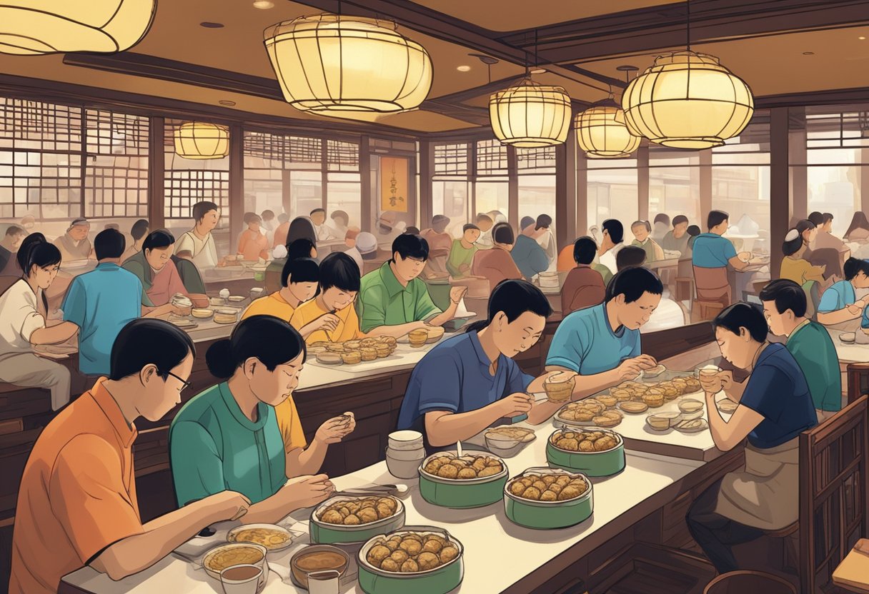 A bustling dim sum restaurant in Queens, New York, with steaming bamboo baskets filled with traditional dishes like siu mai, har gow, and char siu bao. Patrons sip on fragrant tea as they enjoy the lively atmosphere