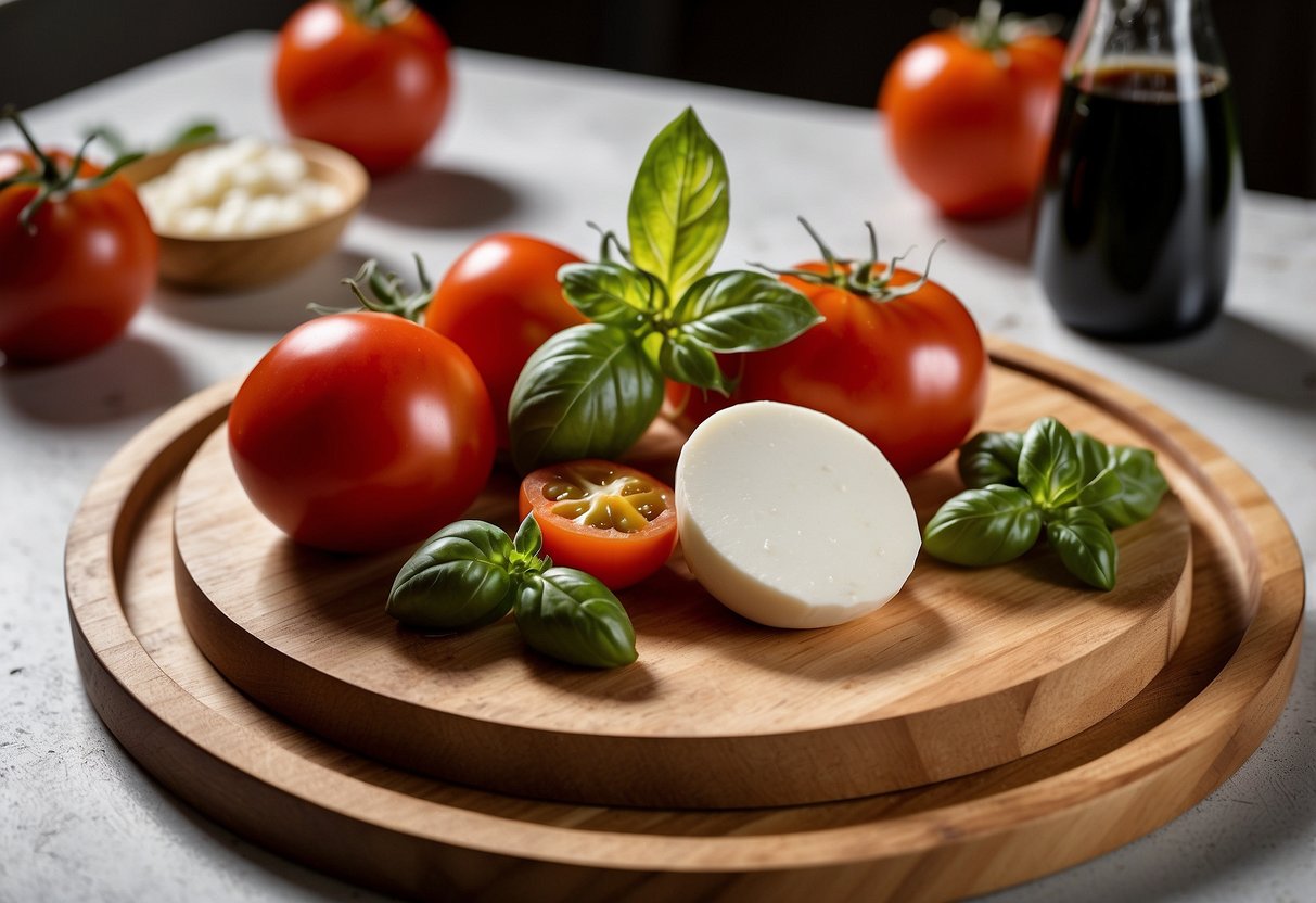 A wooden cutting board with ripe tomatoes, fresh mozzarella, and fragrant basil leaves arranged in a circular pattern. A bottle of balsamic vinegar and olive oil sit nearby