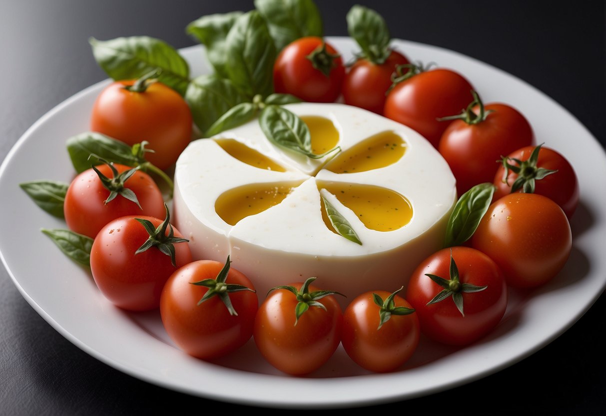 Fresh tomatoes, mozzarella slices, and basil leaves arranged in a circular pattern on a white plate. Olive oil drizzled over the top