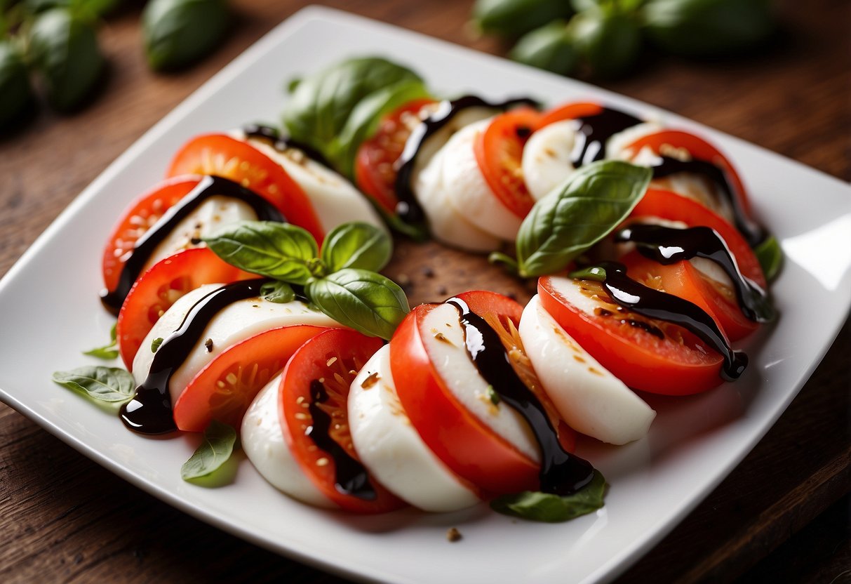 A vibrant Caprese salad sits on a white plate, featuring alternating slices of ripe tomatoes and fresh mozzarella, topped with fragrant basil leaves and drizzled with balsamic glaze