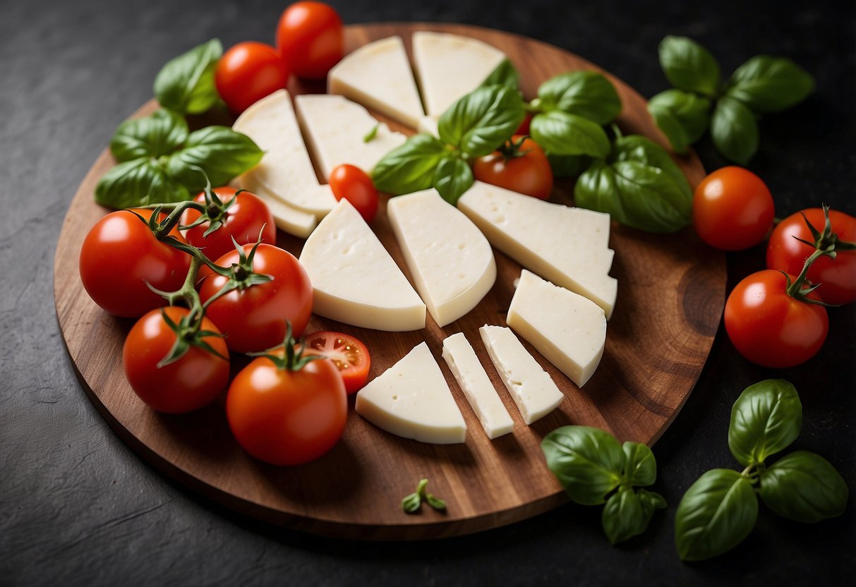 A wooden cutting board with fresh tomatoes, mozzarella cheese, and basil leaves arranged in a circular pattern. A small dish of balsamic glaze sits nearby