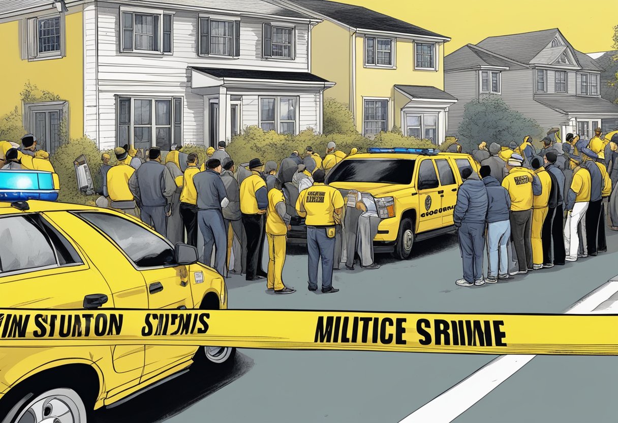 A crowd gathers outside a suburban home, surrounded by news vans and police cars. Yellow crime scene tape flutters in the breeze as onlookers whisper and point