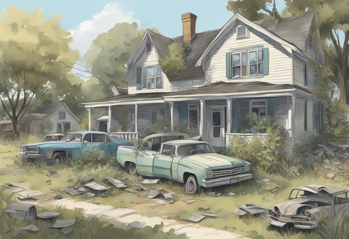 A deserted house with overgrown yard, broken windows, and abandoned vehicles. Newspapers with headlines about Chad Daybell scattered on the porch