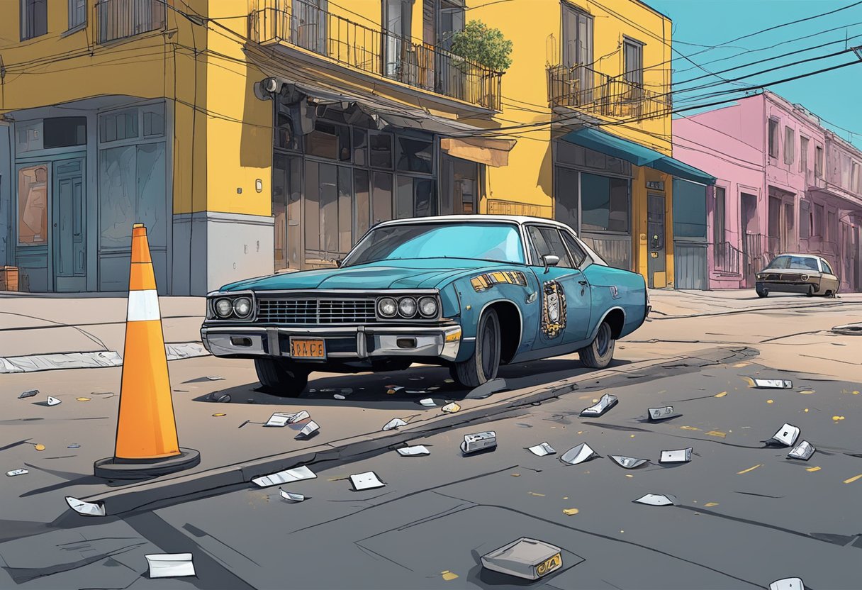 A bullet-riddled car sits abandoned on a desolate street, surrounded by police tape and flashing lights. The scene is a grim reminder of the violent reality behind the glamorous facade of the drug underworld