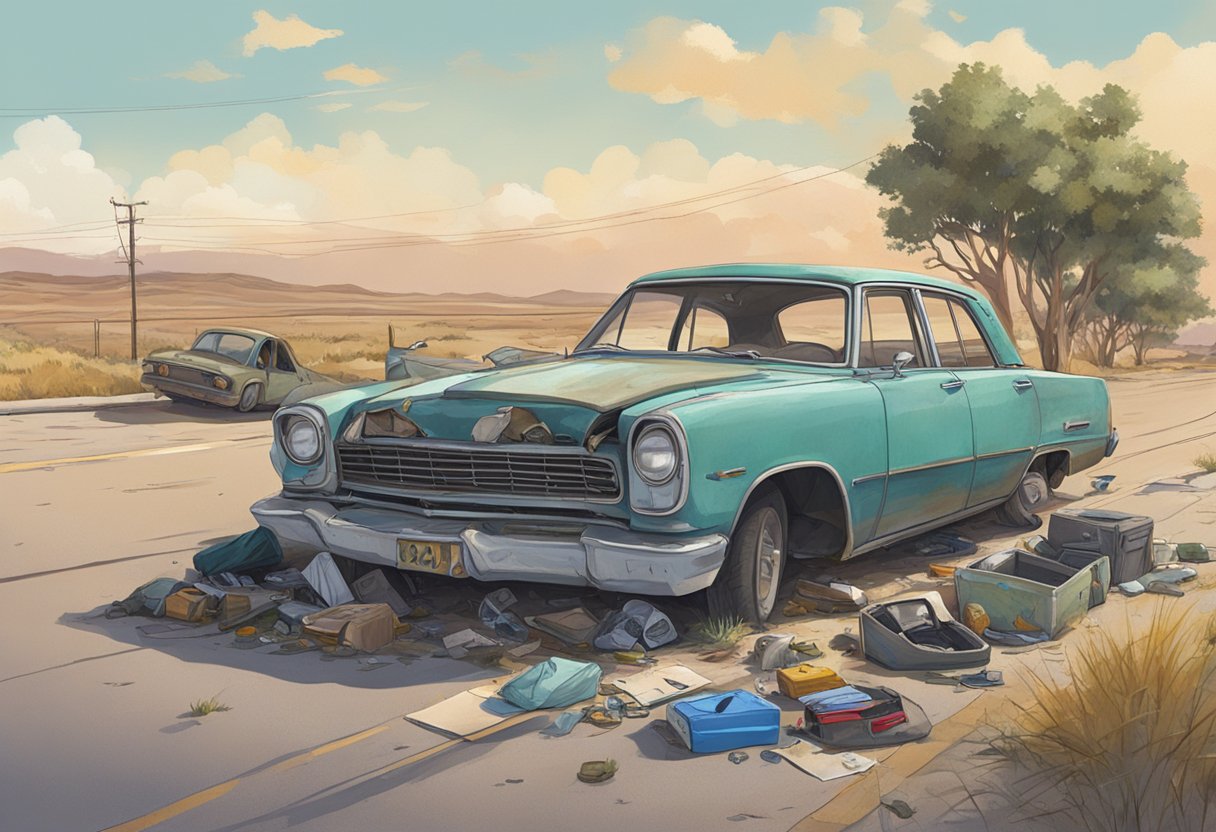 Ethan Fletcher's abandoned car sits on the side of a deserted road, with the driver's door left ajar and personal belongings scattered on the ground