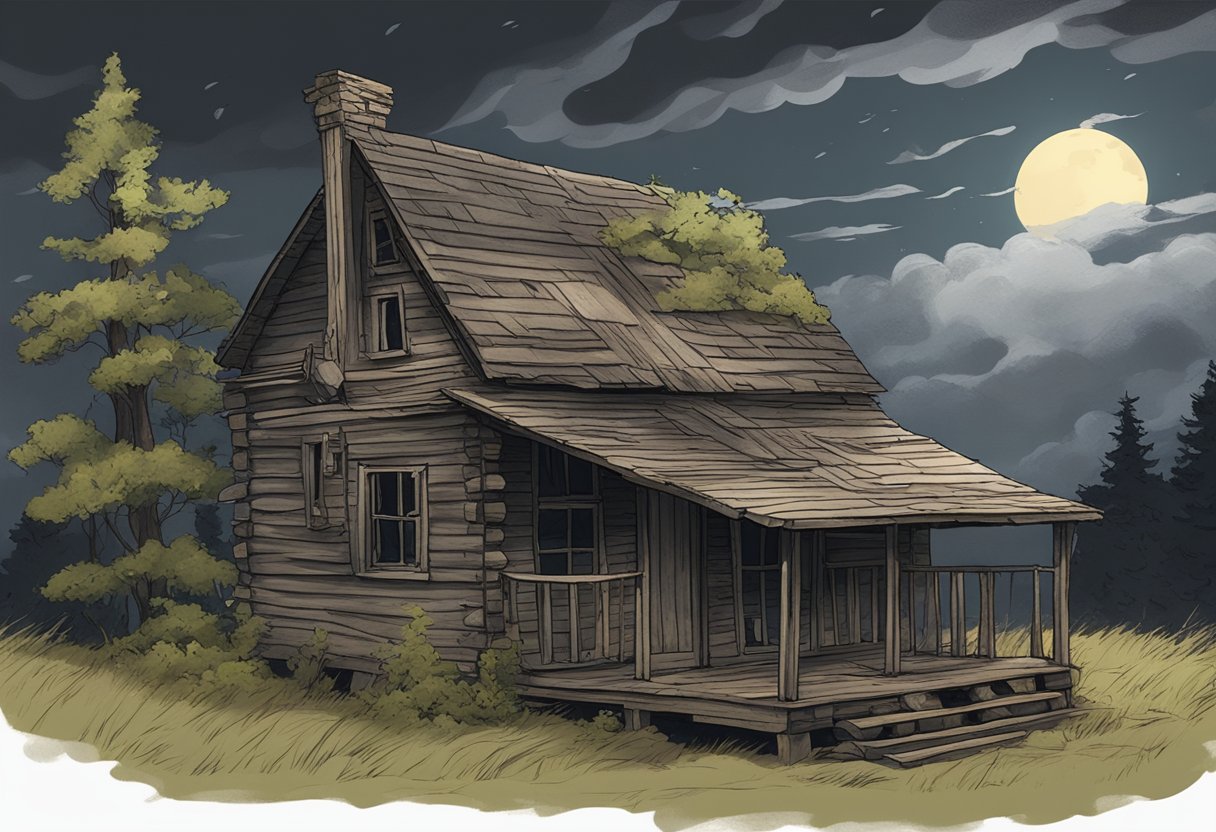 Ethan Fletcher's abandoned cabin, surrounded by overgrown trees and a dark, stormy sky. A tattered journal lies open on a table