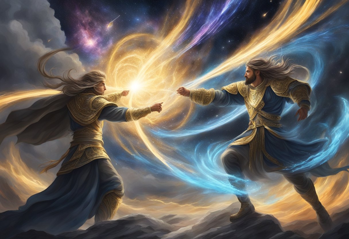 A fierce battle between light and darkness, with swirling spiritual forces clashing in a cosmic struggle