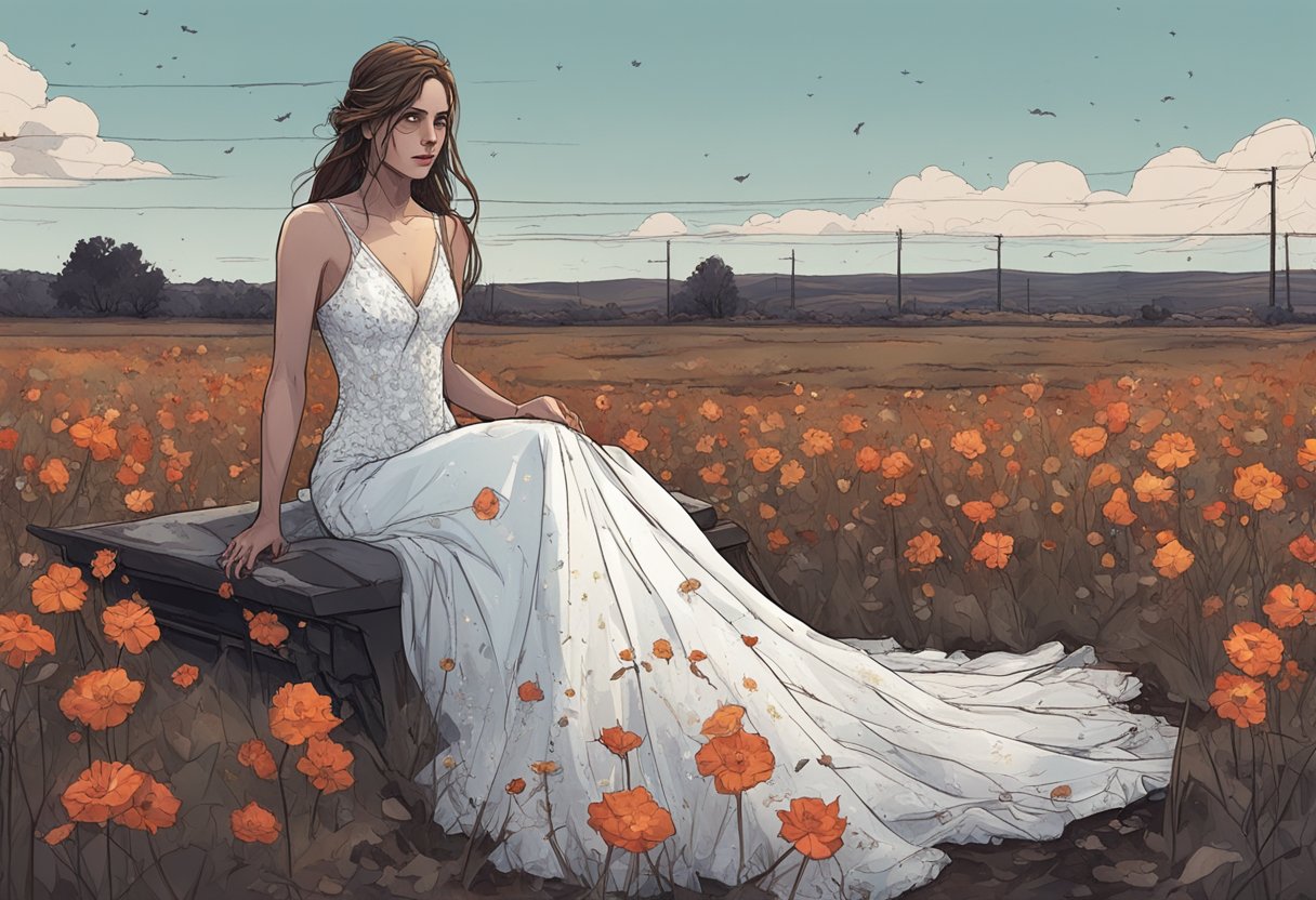 Kassidi's fate in Shameless: A bloodied wedding dress lies abandoned in a dark, desolate field, surrounded by broken glass and wilted flowers