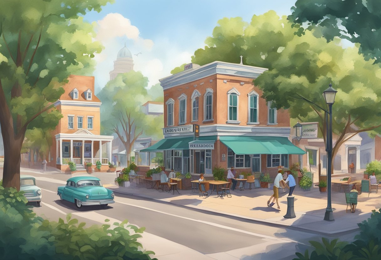 A quaint town square with a vintage courthouse and a small-town diner, surrounded by lush greenery and friendly locals