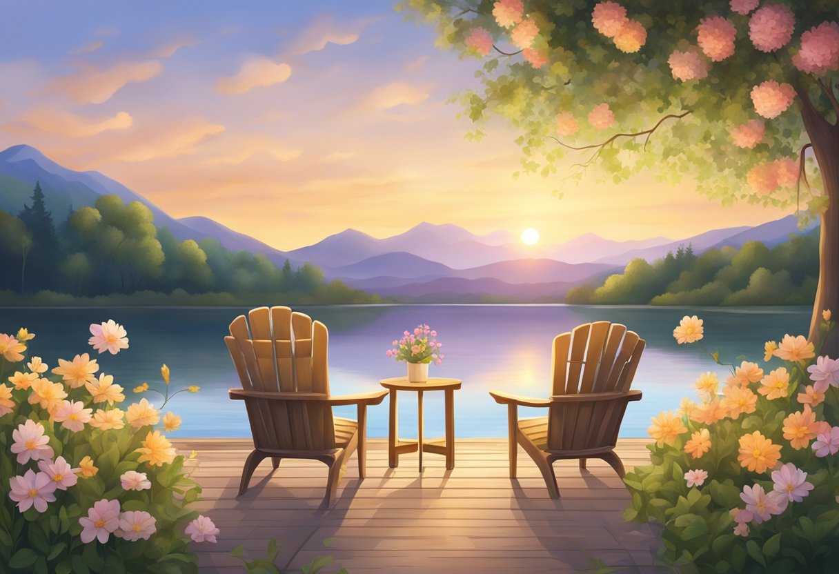 A peaceful lakeside with two empty chairs facing each other, surrounded by blooming flowers and a soft, golden sunset