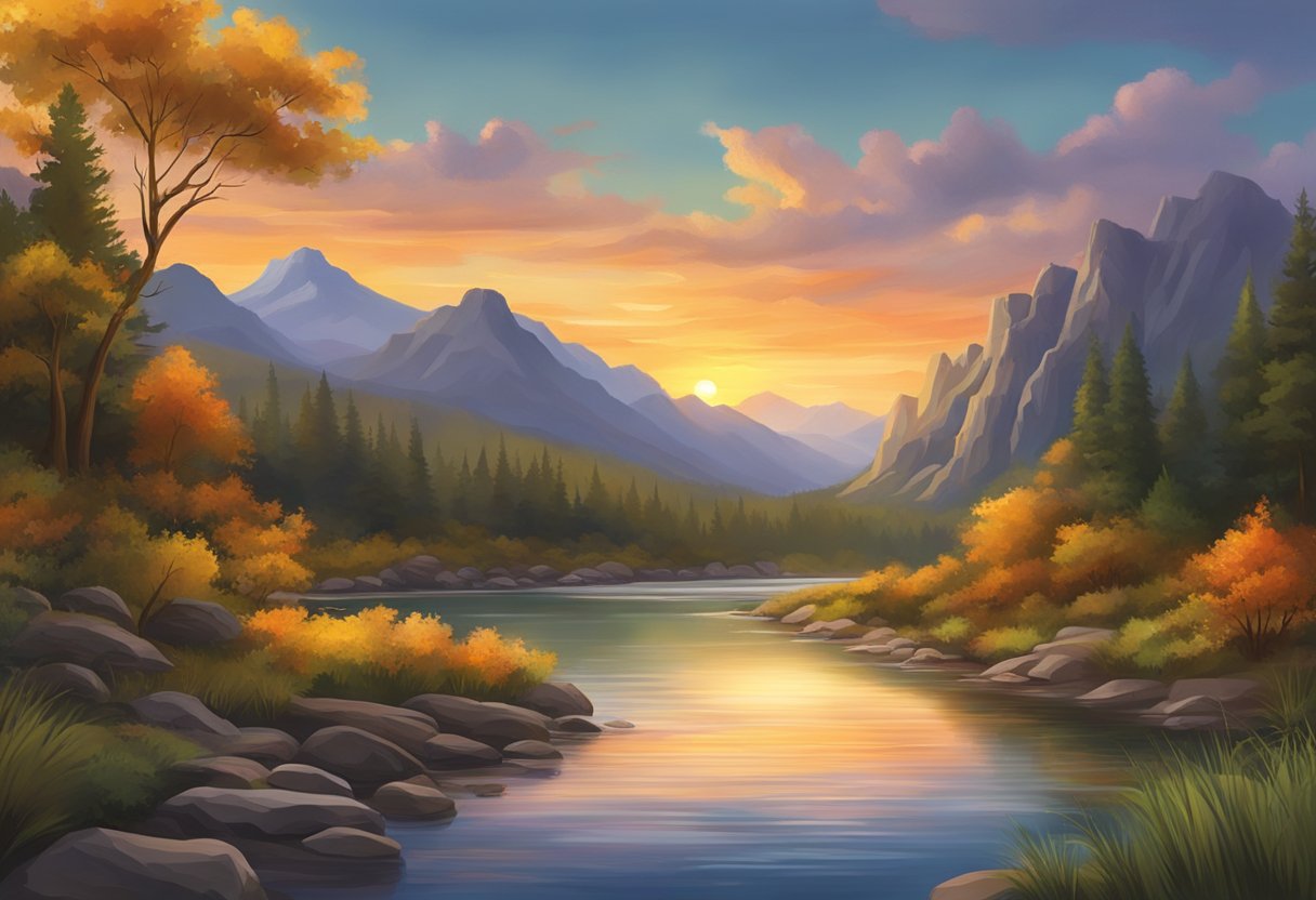 The sun sets behind the rugged mountains, casting a warm glow over the tranquil river. The water gently flows, reflecting the vibrant colors of the surrounding foliage