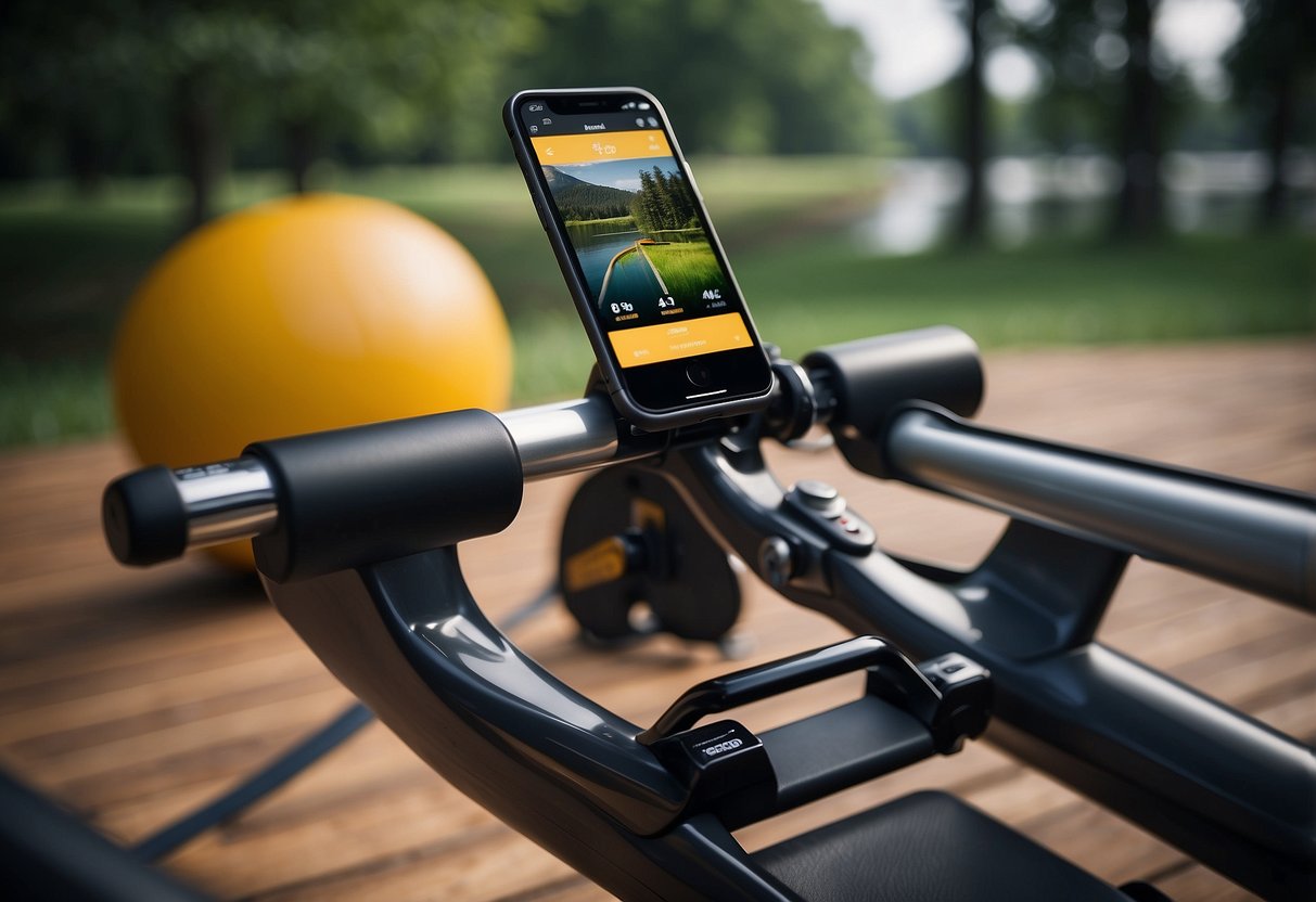A rowing machine with a smartphone displaying a rowing app, surrounded by workout tips